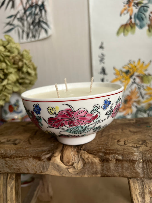 Pink and white Floral 3 wicks rice bowl Candle