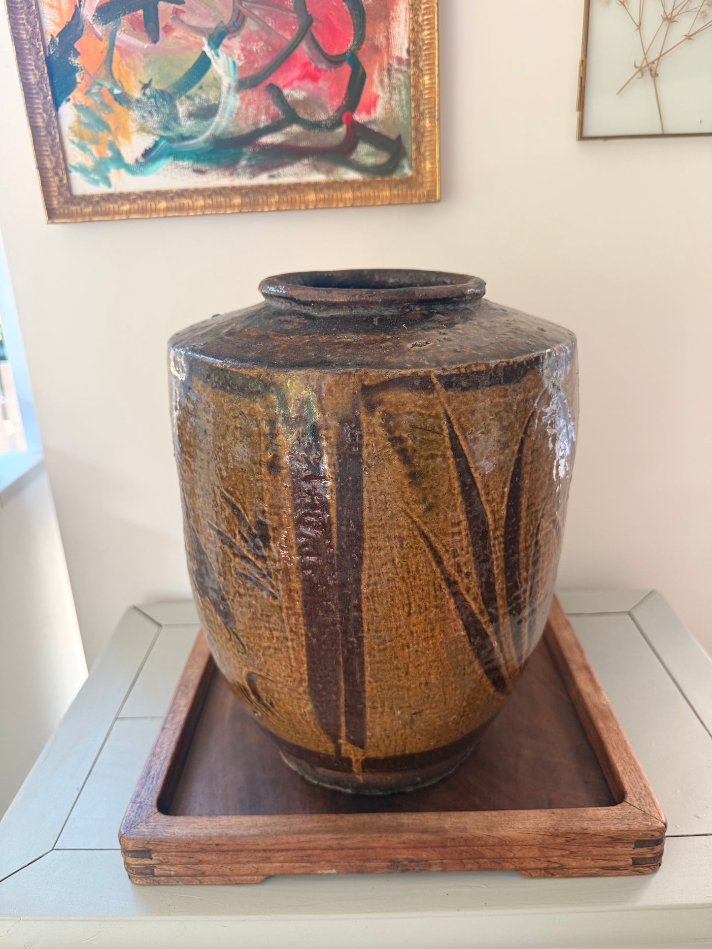 Large ochre antique Bird Vase