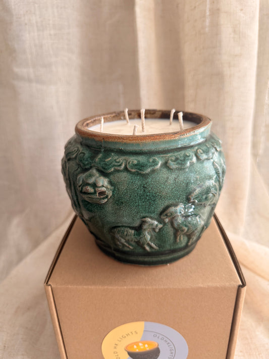 Green antique dragon and lamb pot 6 wicks candle