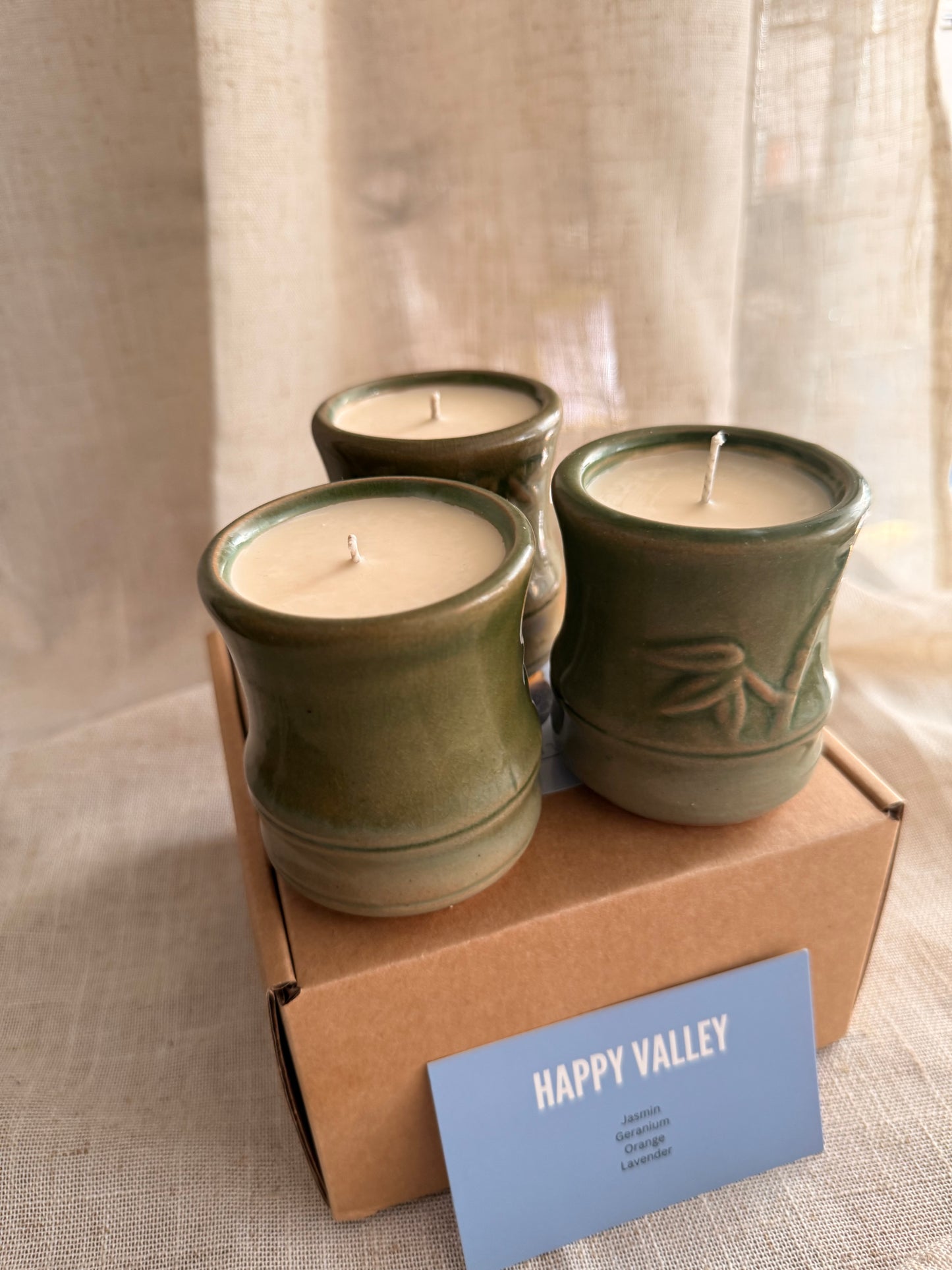 Set of 3 bamboo green teacup candles