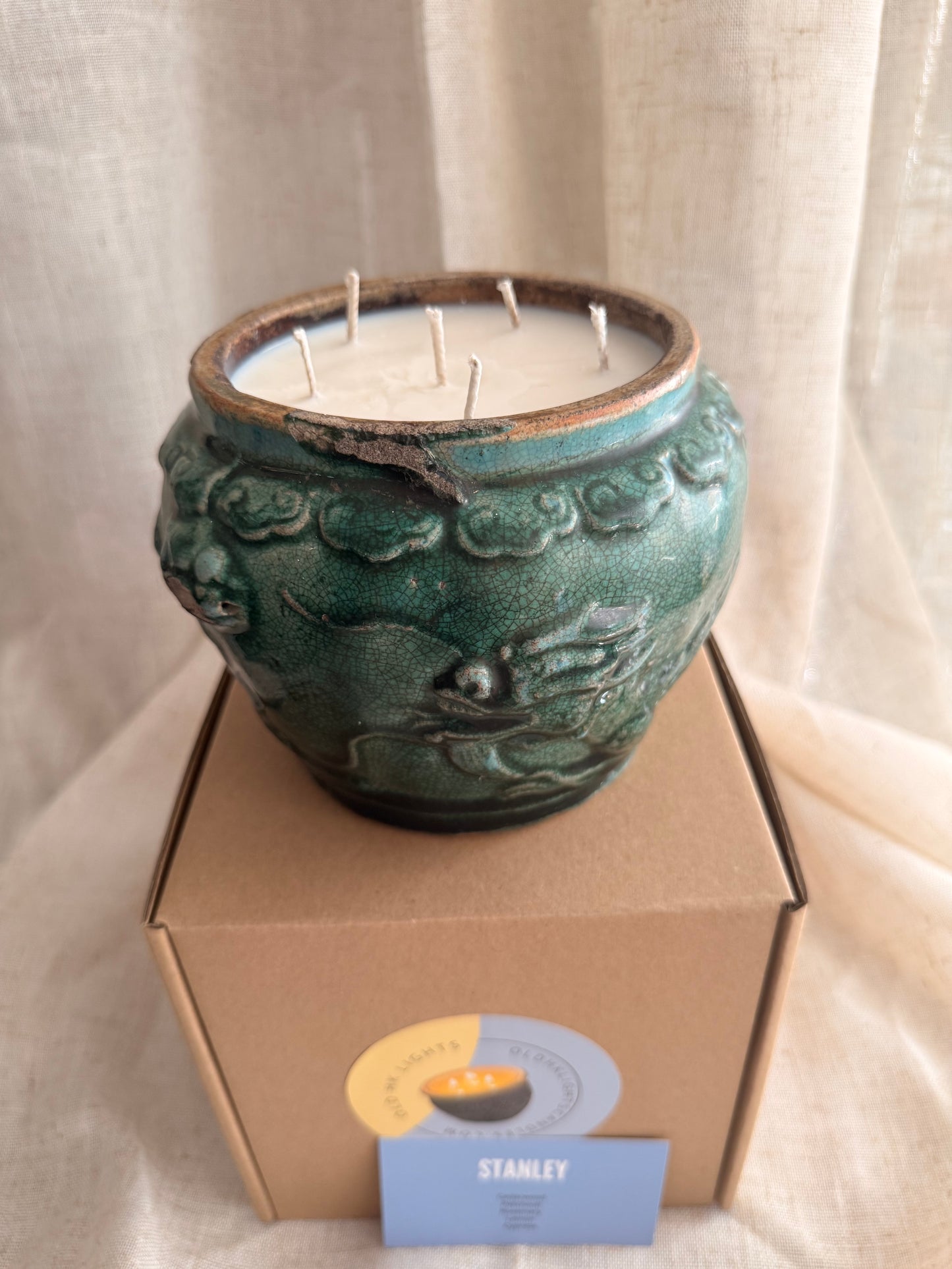 Green antique dragon and lamb pot 6 wicks candle