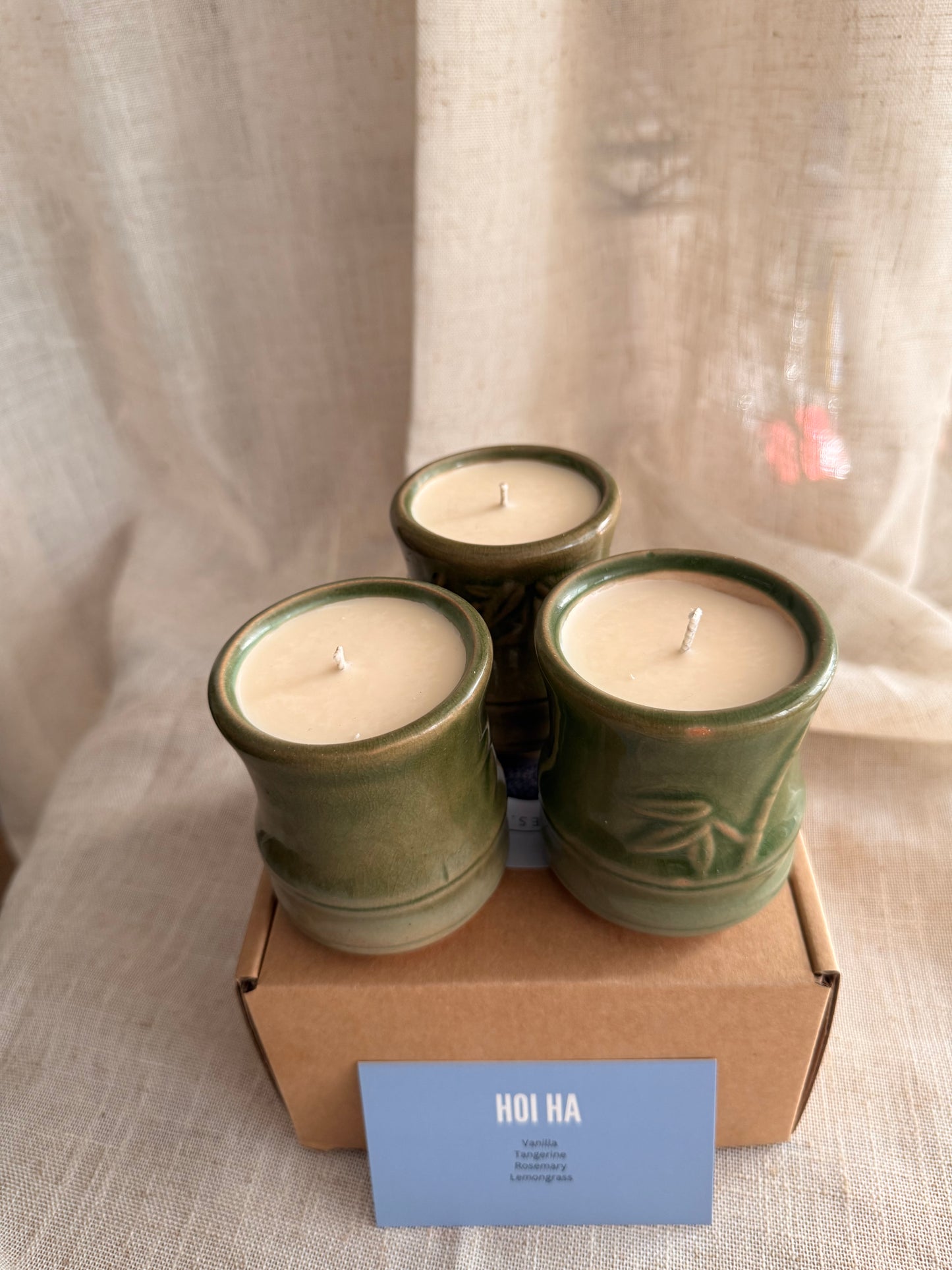 Set of 3 bamboo green teacup candles