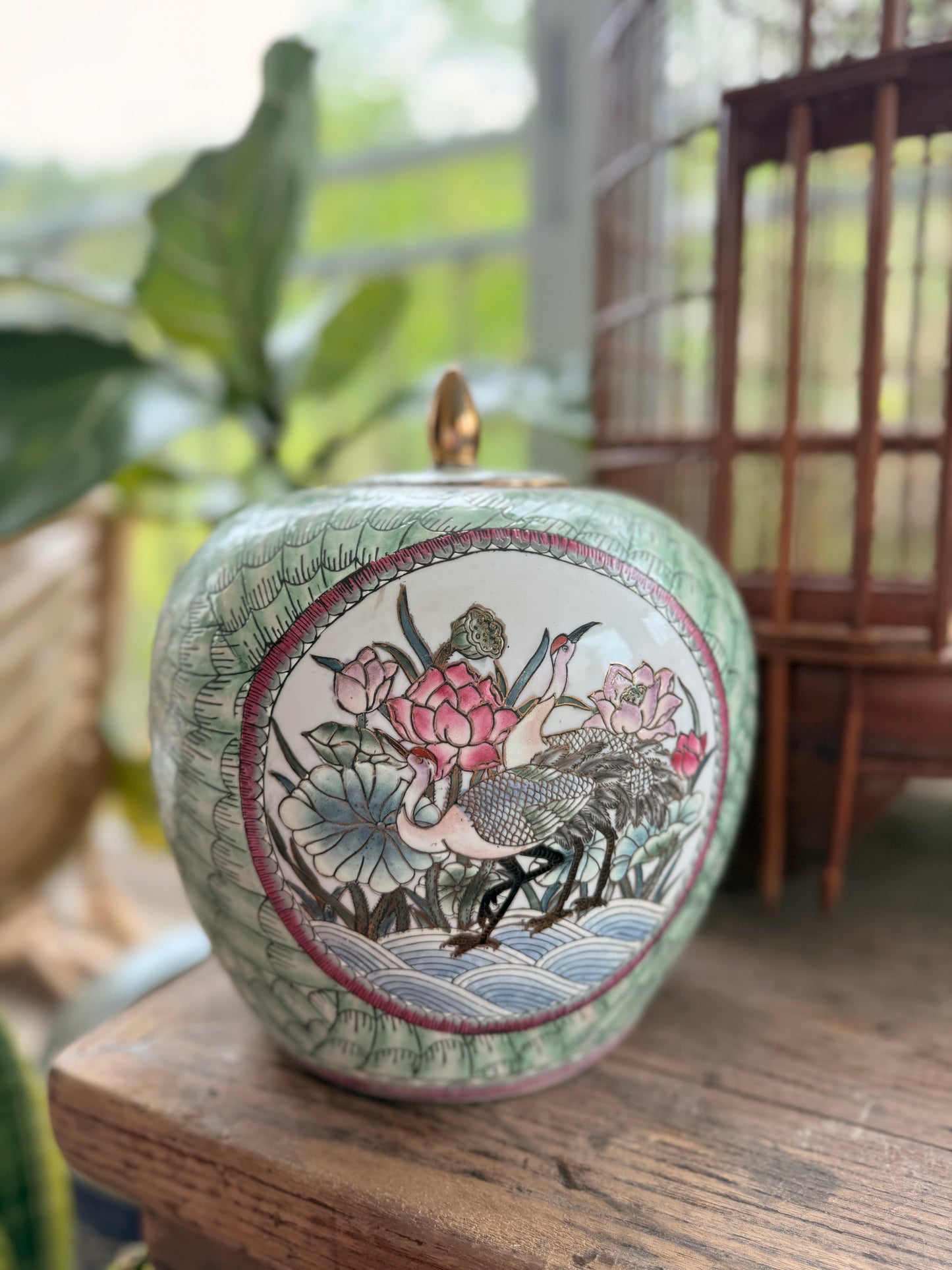Bamboo and bird ginger jar