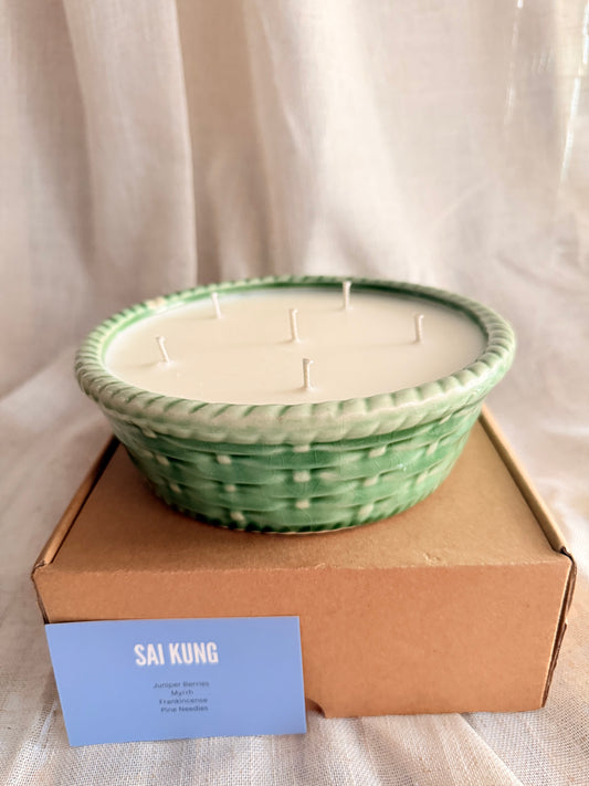 Green ceramic woven basket candle