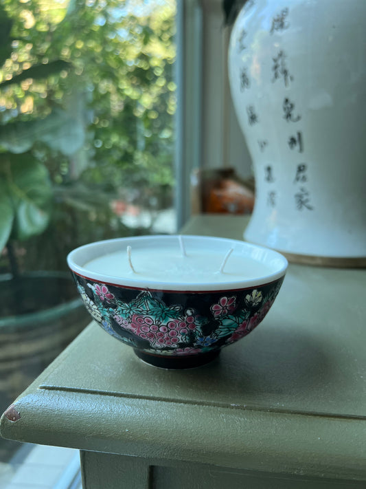 Black Floral rice bowl 3 wicks candle