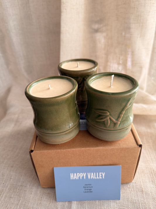 Set of 3 bamboo green teacup candles