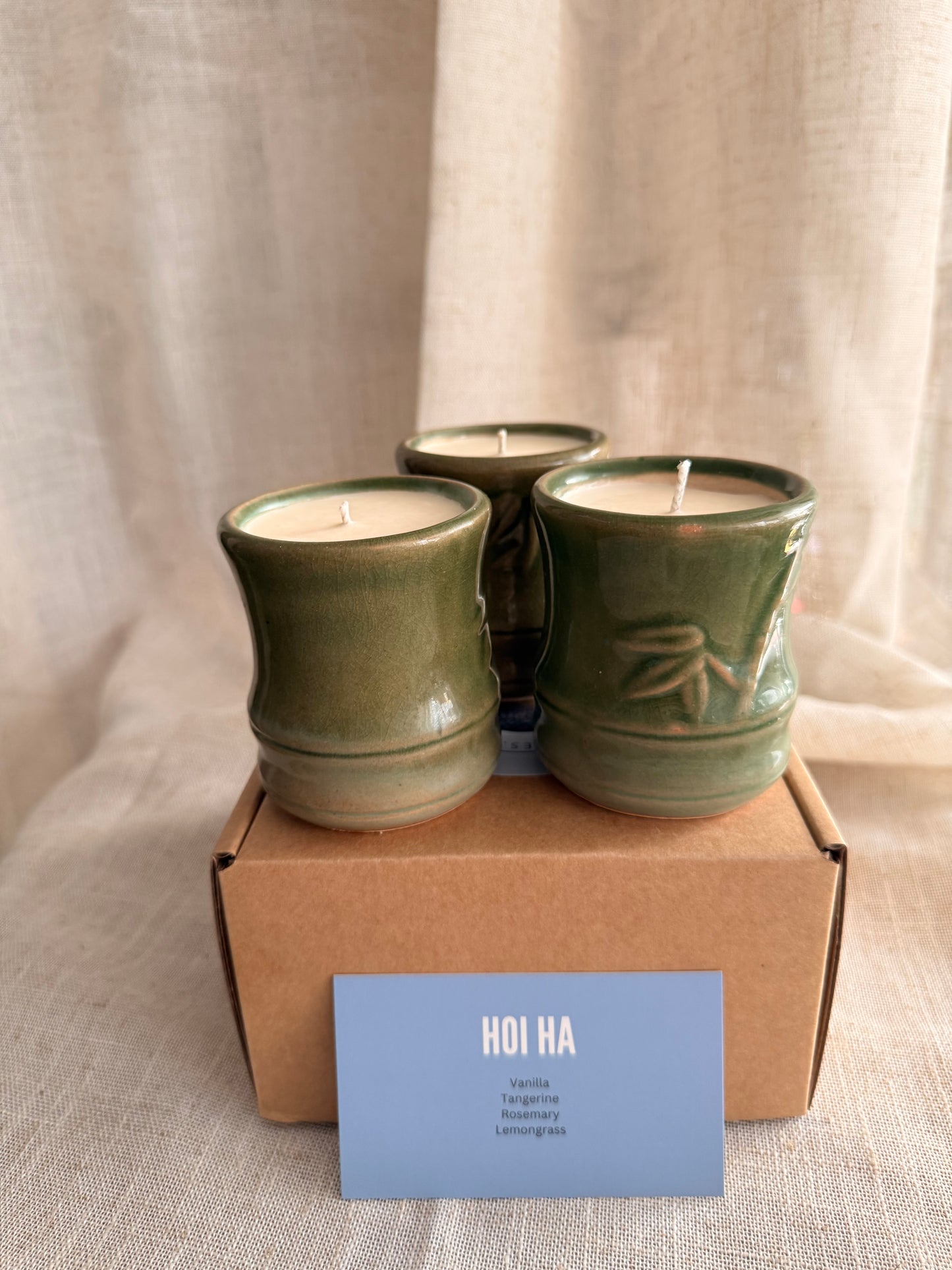 Set of 3 bamboo green teacup candles