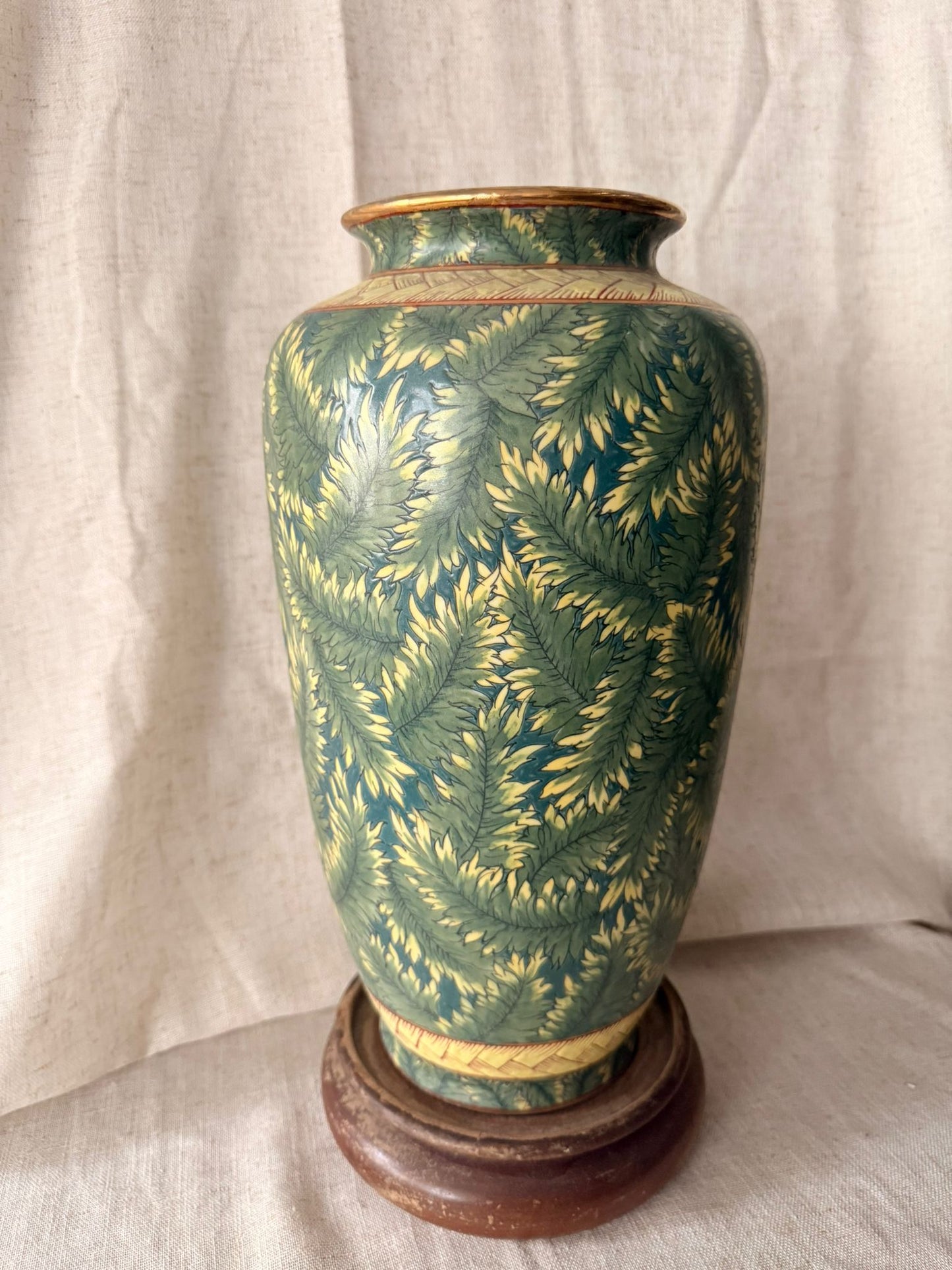 Green hand painted leafy tall Vase