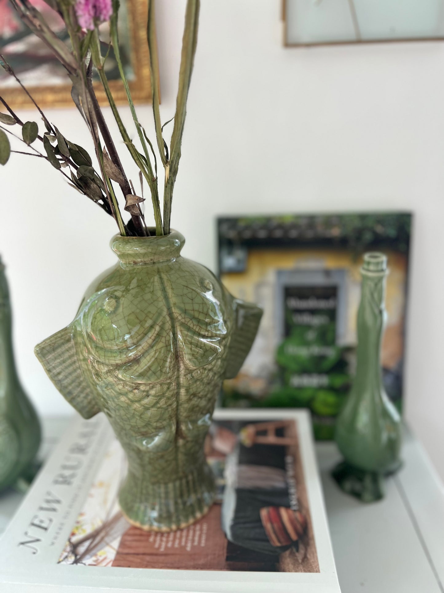 Sage green antique fish vase