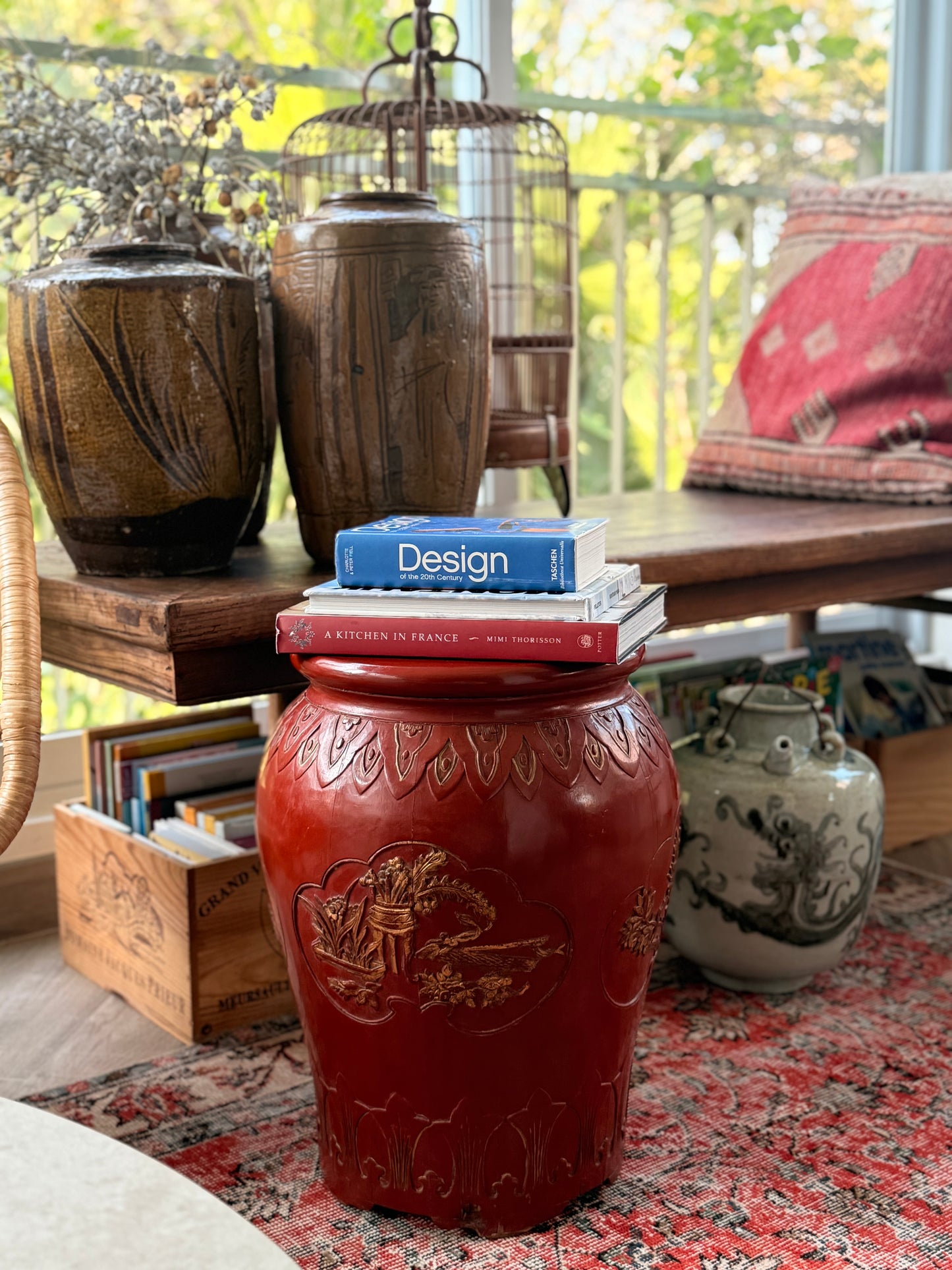 Carved wood vintage oriental stool