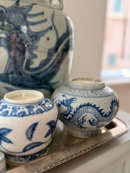 Dragon jar blue and white 3 wicks candle