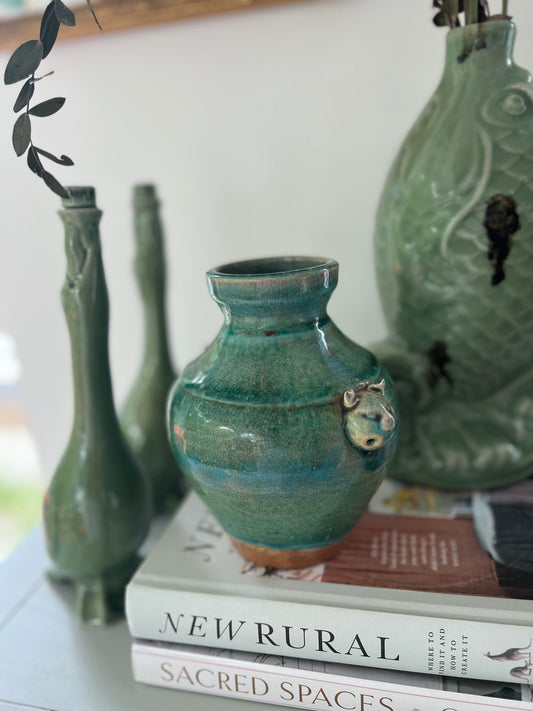 Pig head green glazed medium vase