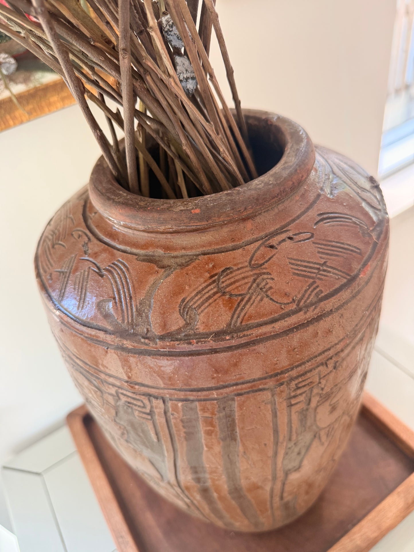 Antique brown clay tall Vase