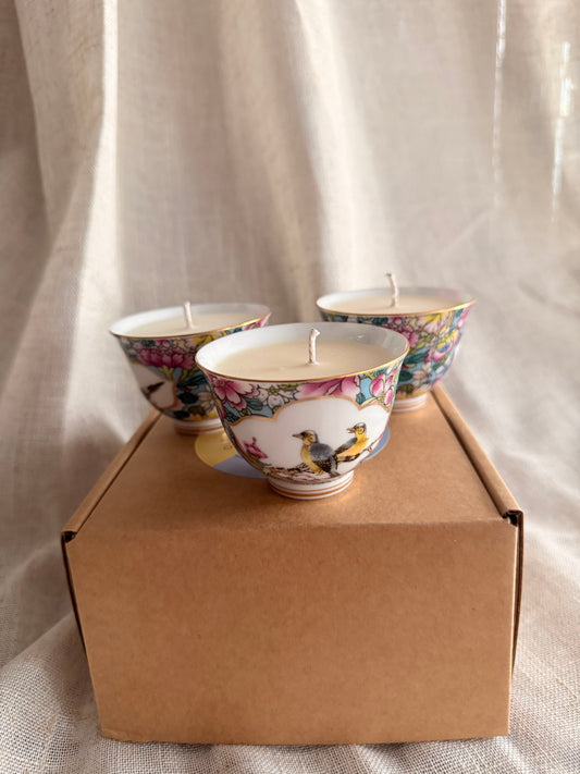 Set of 3 teacup bird and flower candles