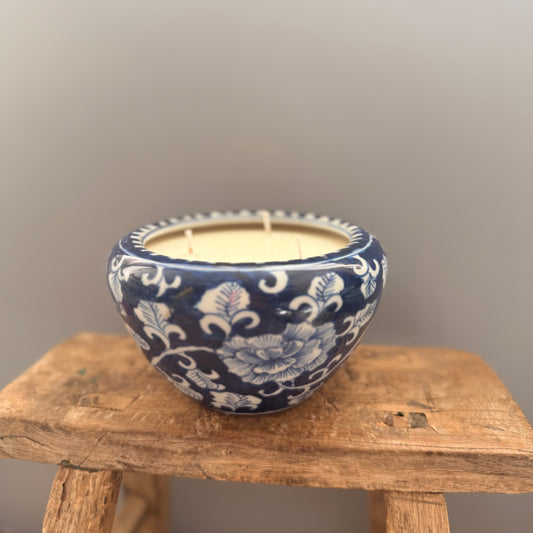 Blue and white floral vintage ceramic 3 wicks candle
