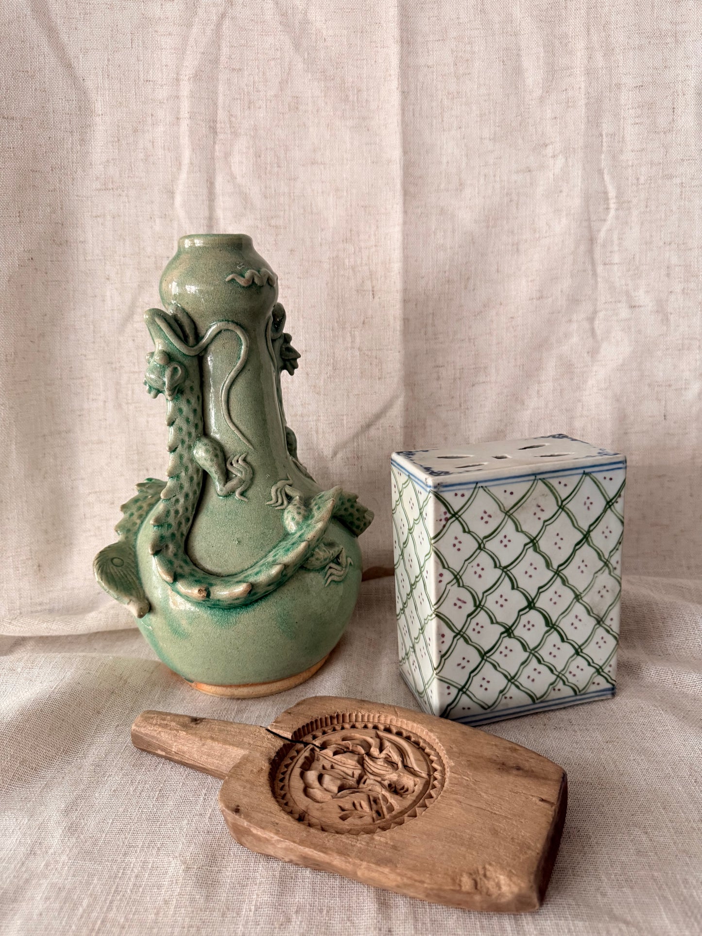 Antique cream and green ceramic Pillow