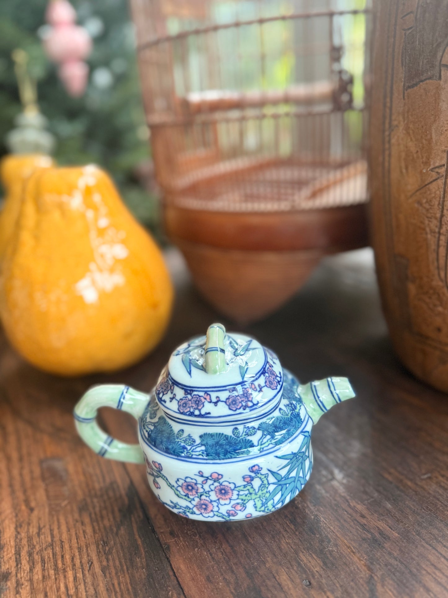 Hand painted in HK colorful bamboo handle tea pot