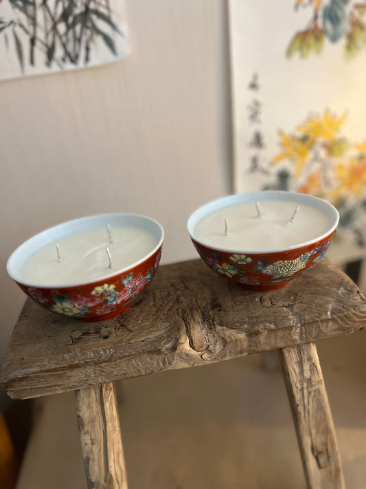 Set of 2 Floral Rice Bowl 3 wicks Candles