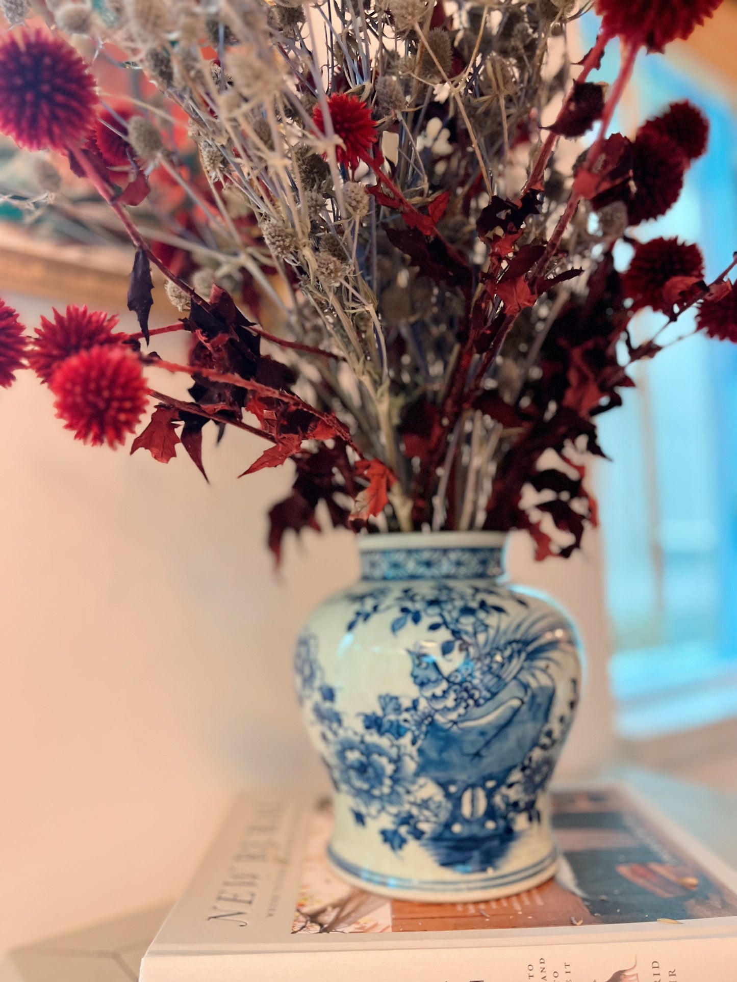 Blue and white bird medium vase