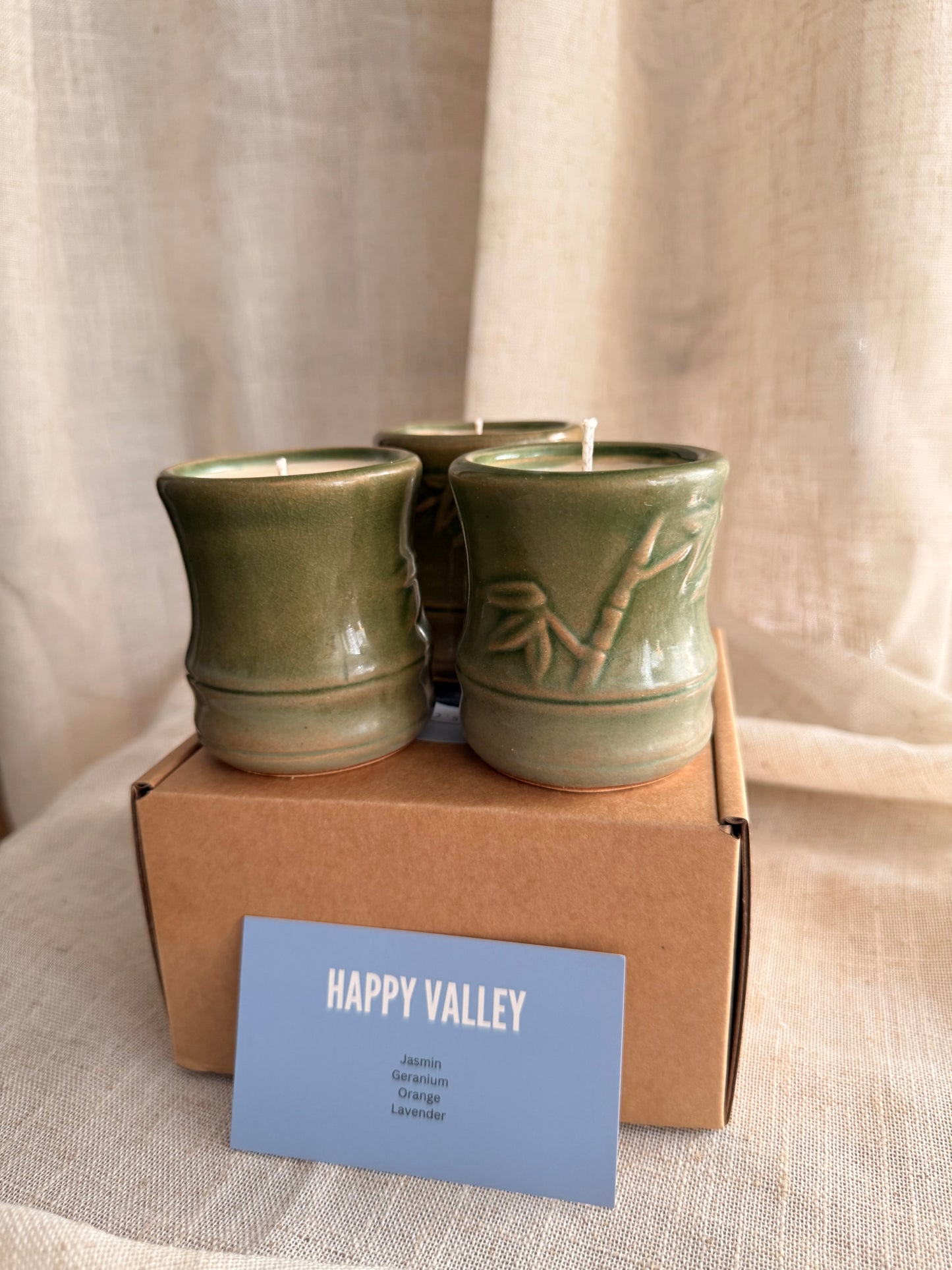 Set of 3 bamboo green teacup candles