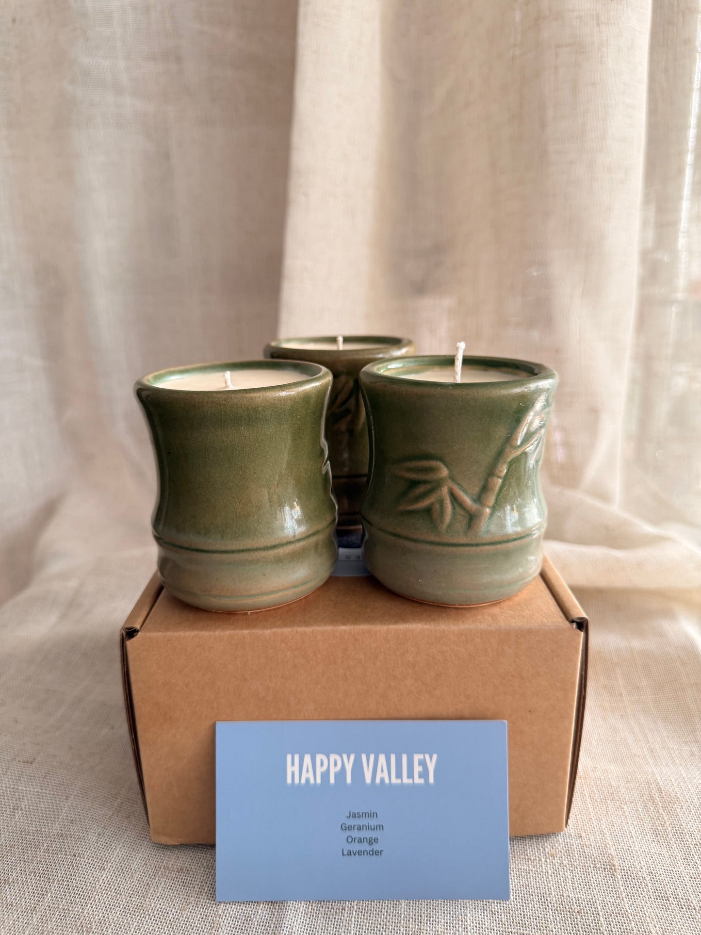 Set of 3 bamboo green teacup candles