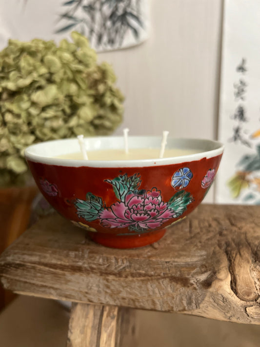 Red Floral 3 wicks rice bowl Candle