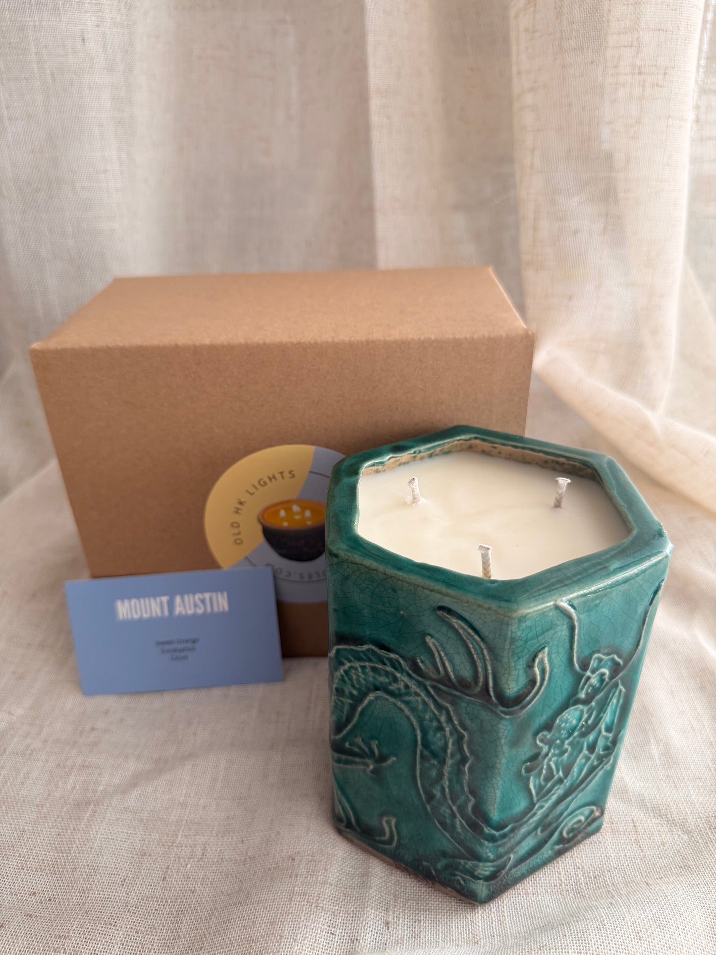 Green hexagone dragon pot 3 wicks candle