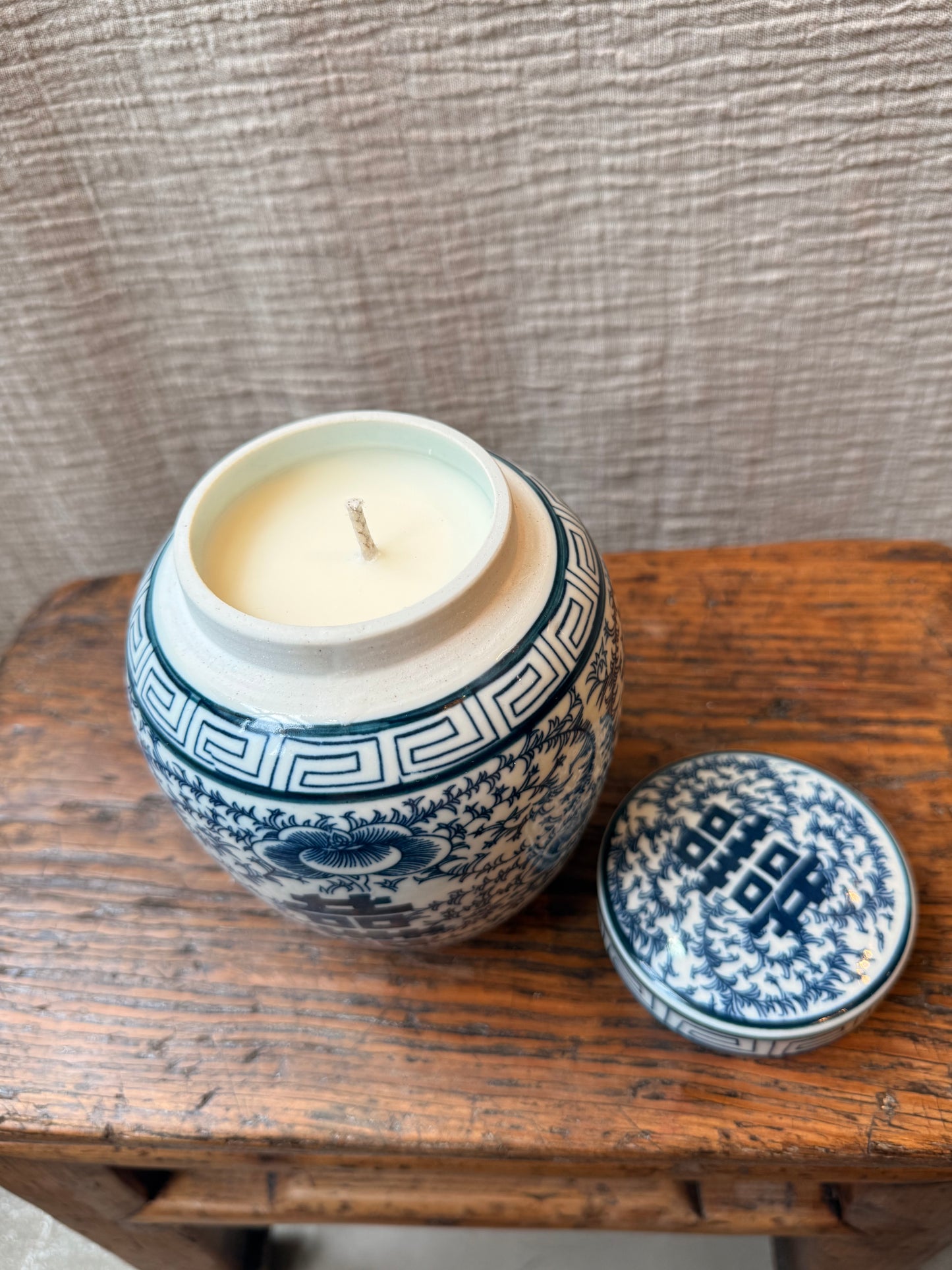 Double Happiness Blue & White Candle Jar