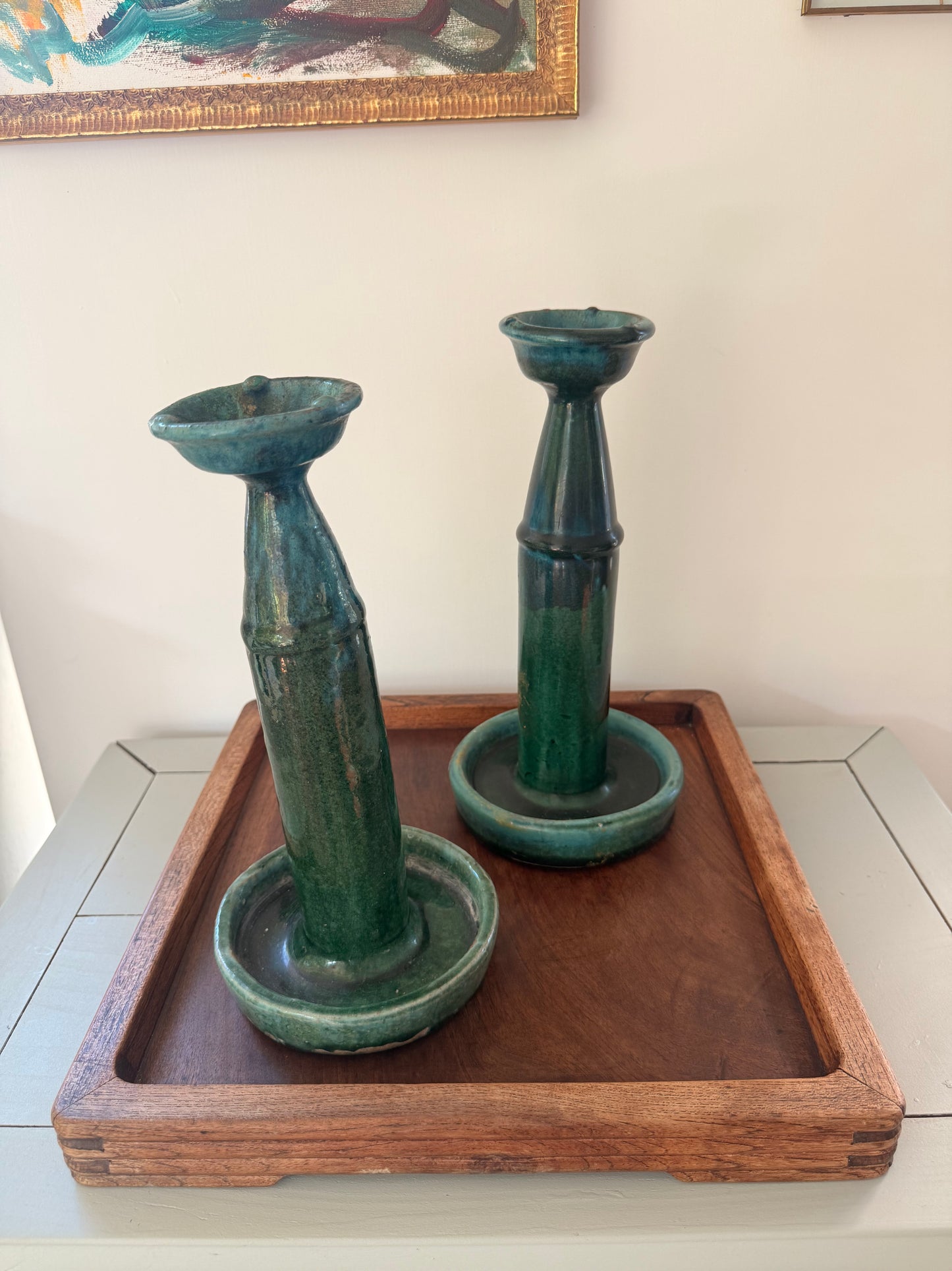 Tall pair of green glazed antique oil lamps
