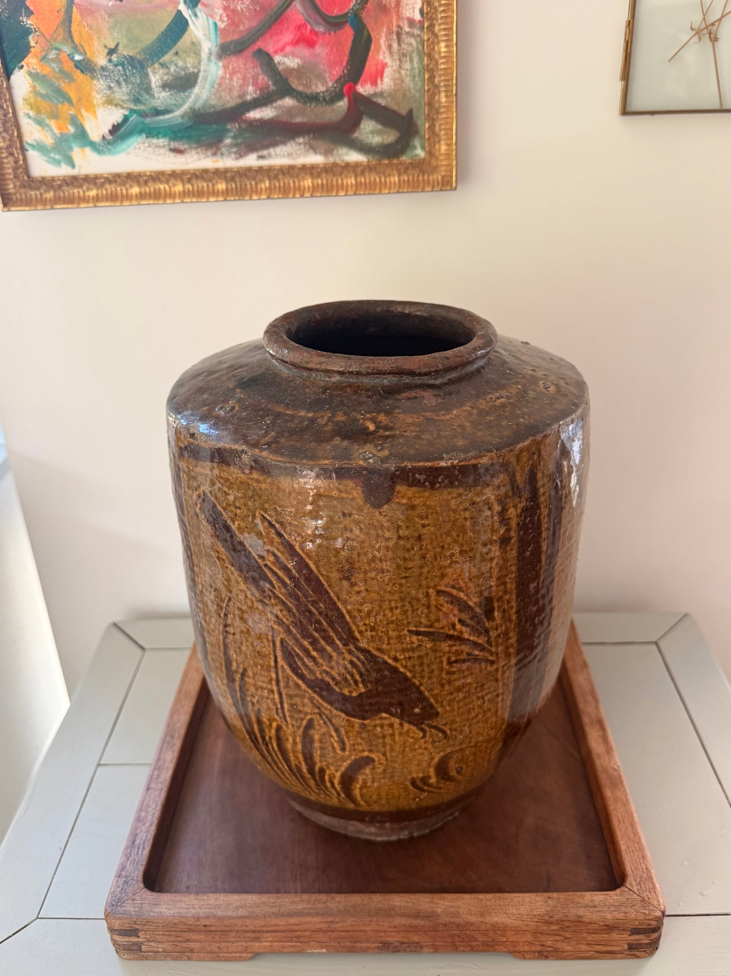 Large ochre antique Bird Vase