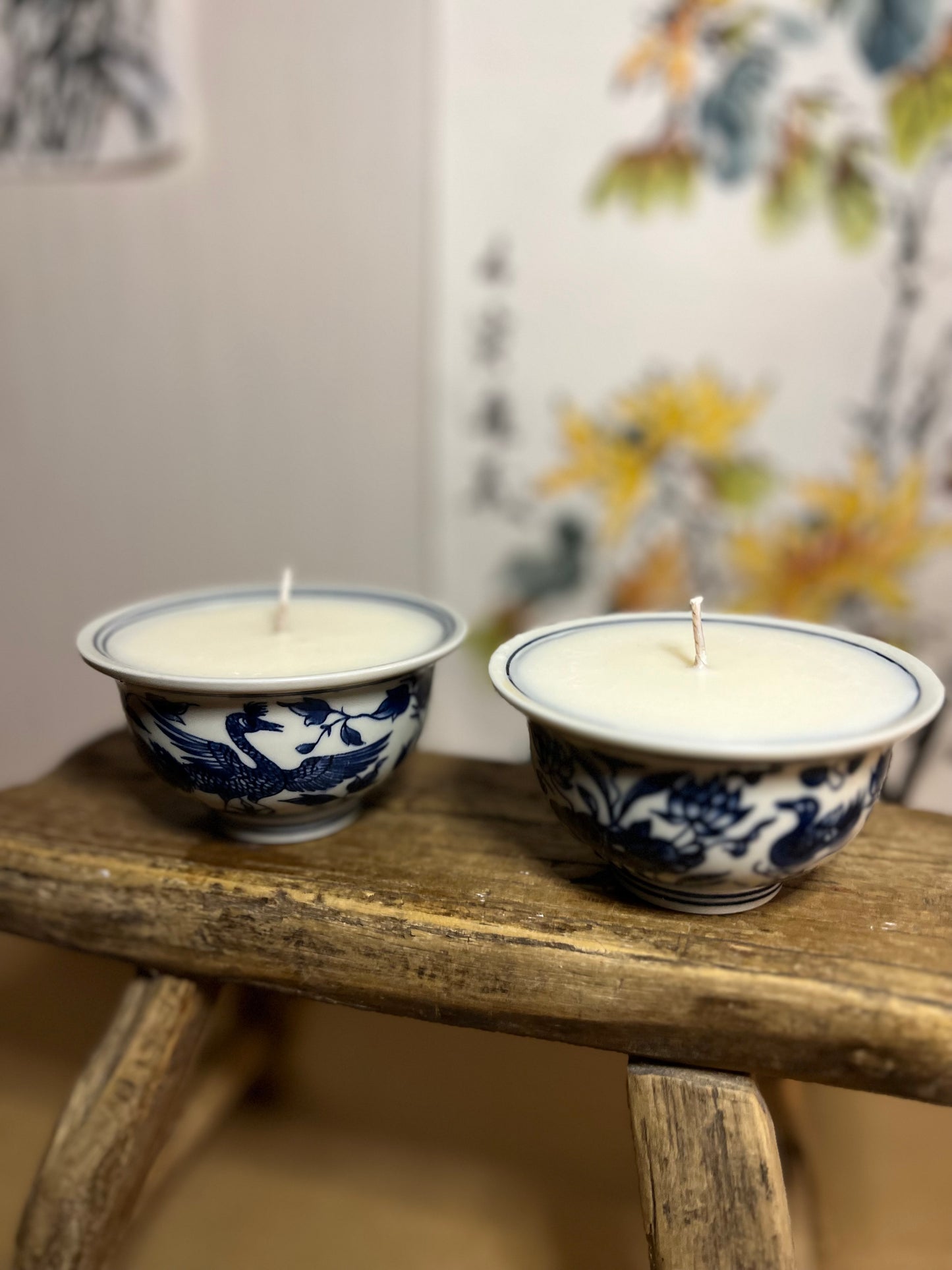 Set of 2 blue and white tea bowl Candles