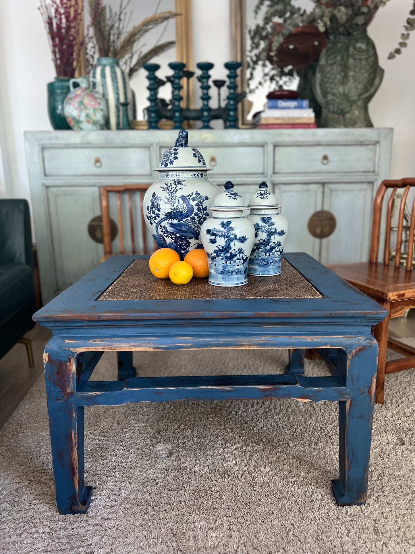 Elm wood antique renovated blue coffee table