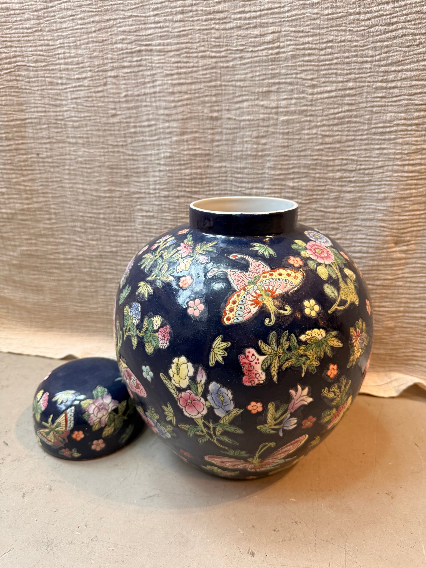 Large navy and flowers Ginger Jar