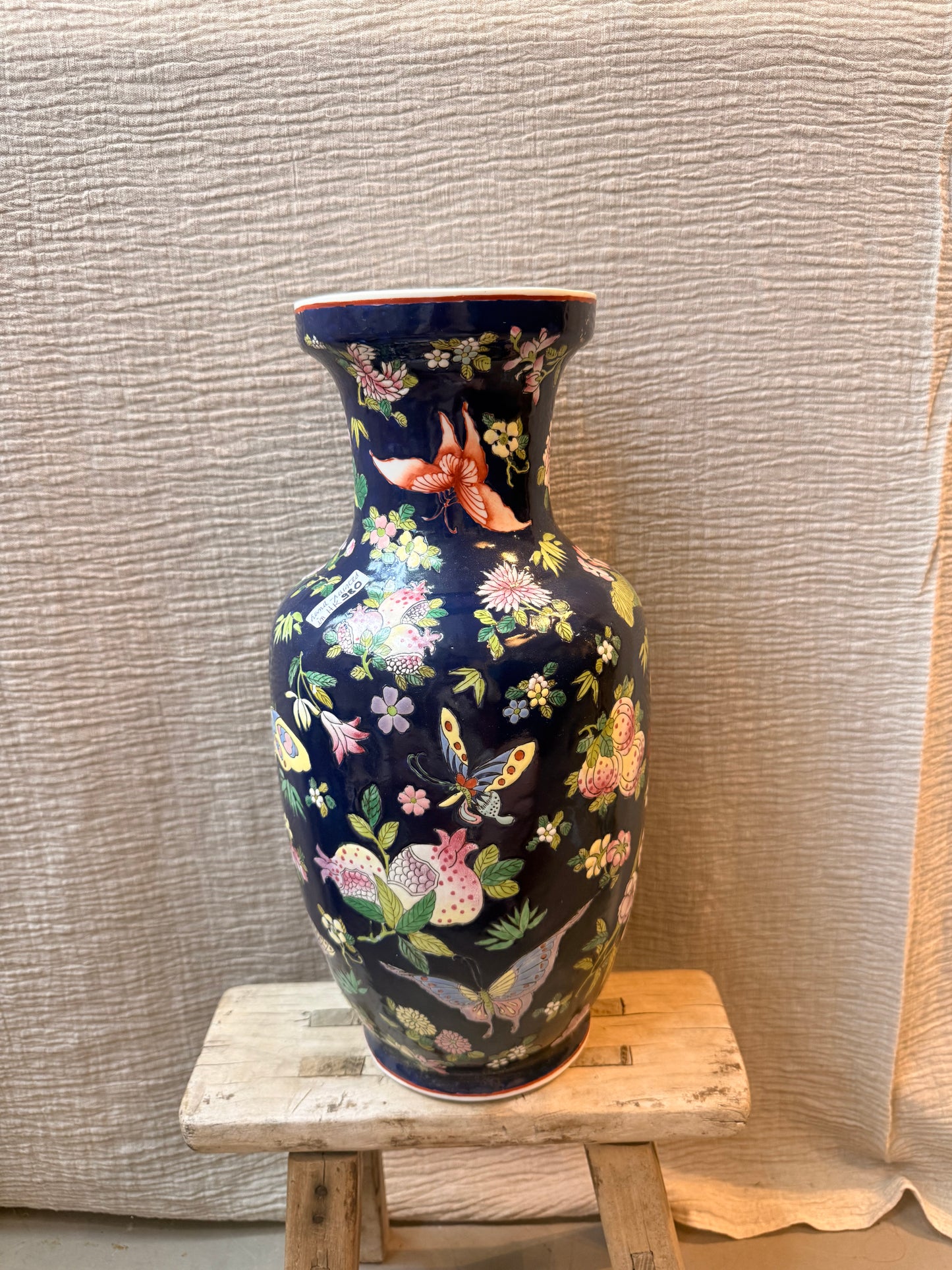 Navy birds and butterfly hand painted Vase