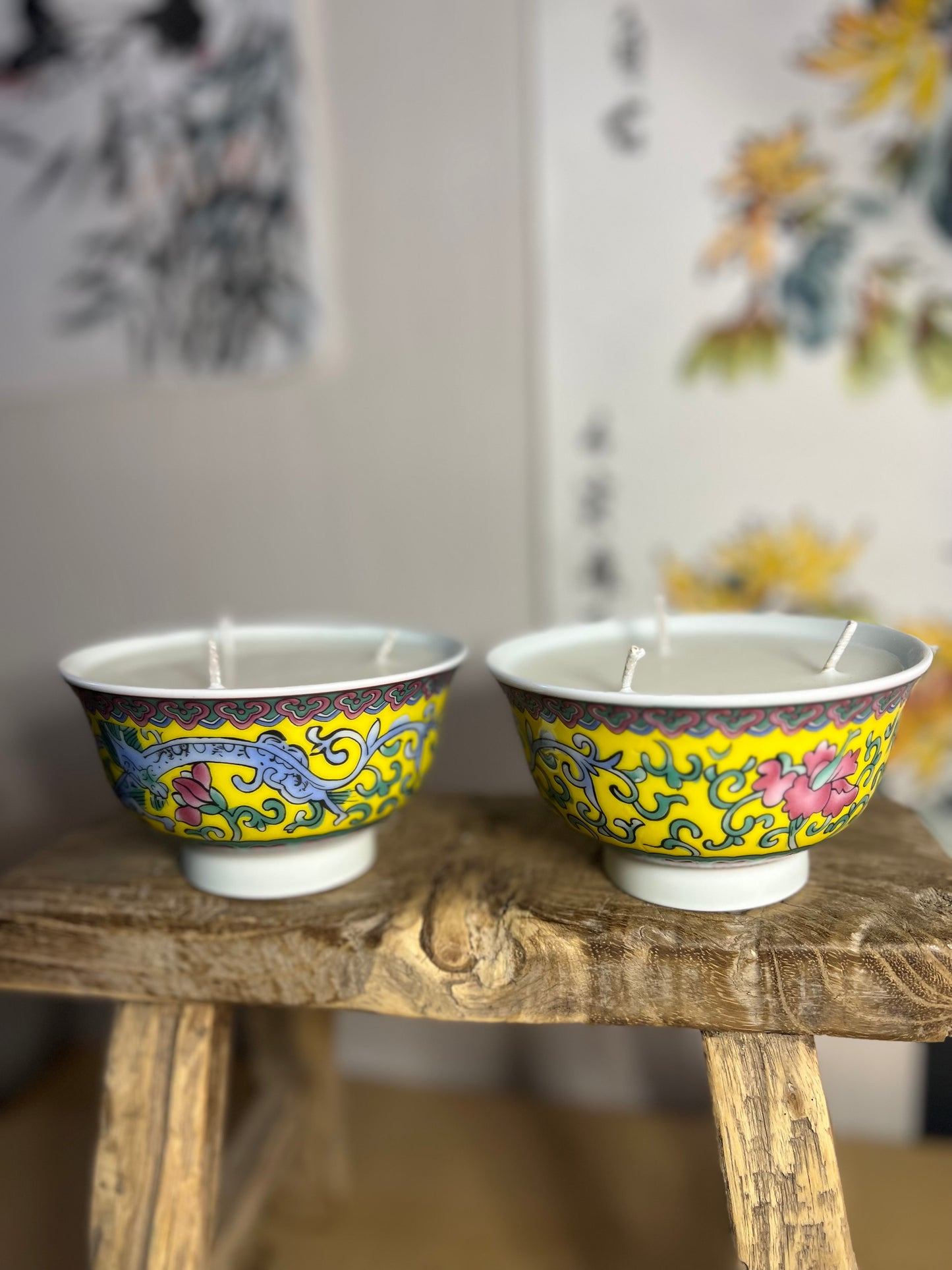 Pair of yellow dragon flower candles