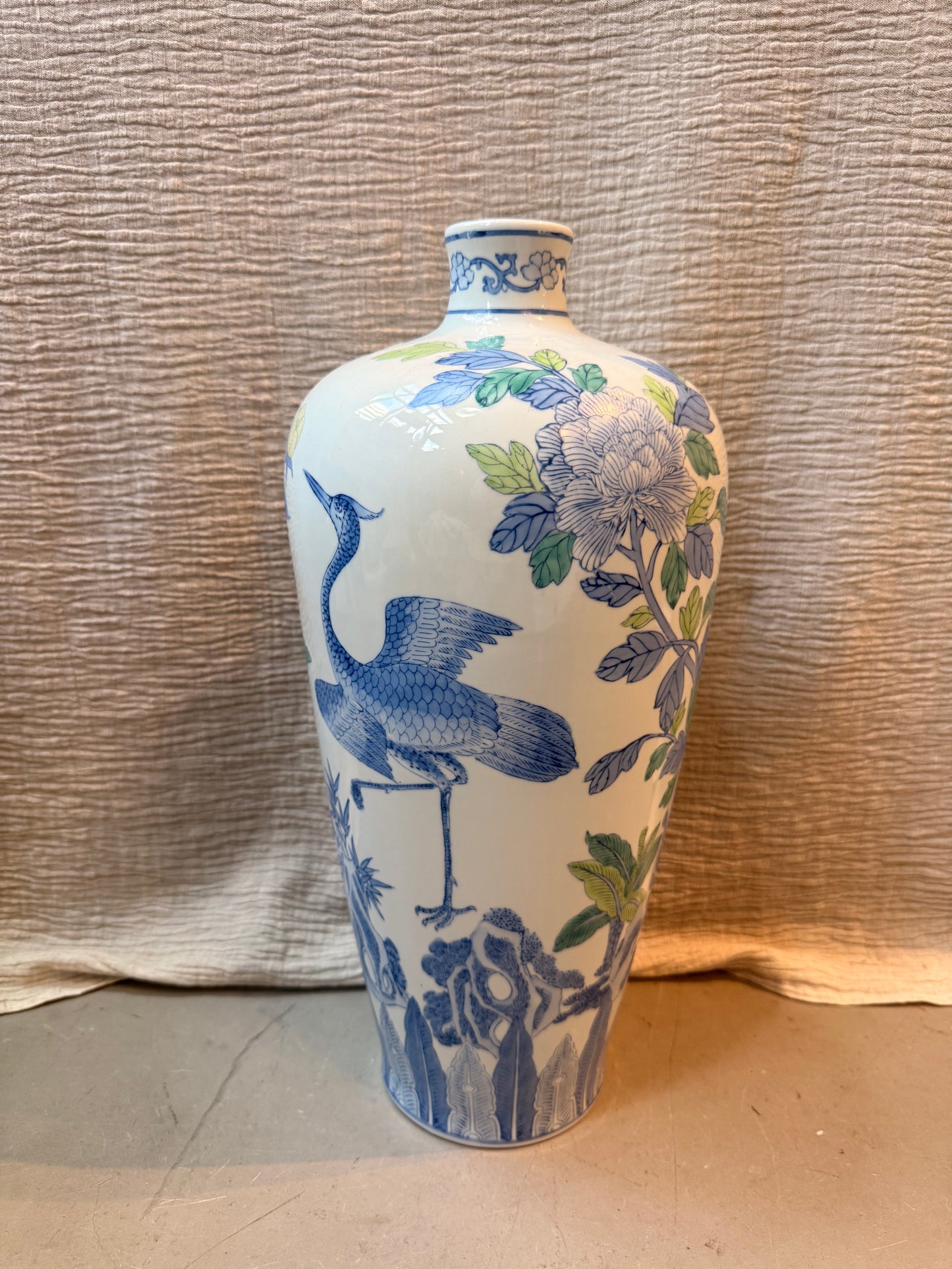 Tall peonies and crane hand painted Vase