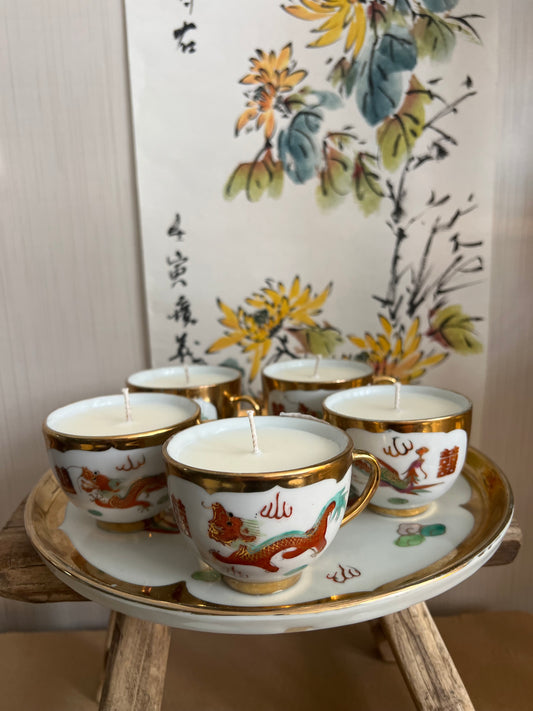 Set of 5 teacup Big Wave Baycandles + 1 plate