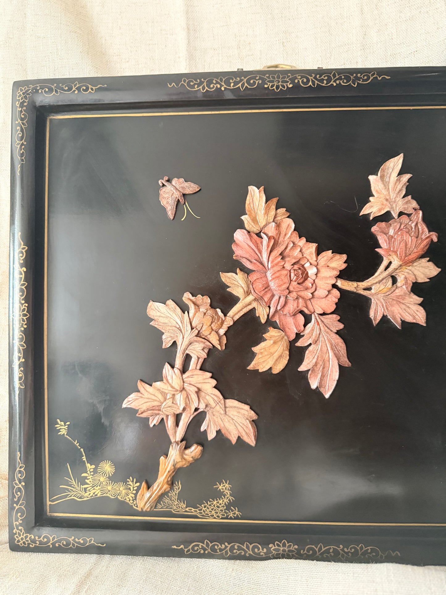 Black lacquer small panel with soap stone carvings
