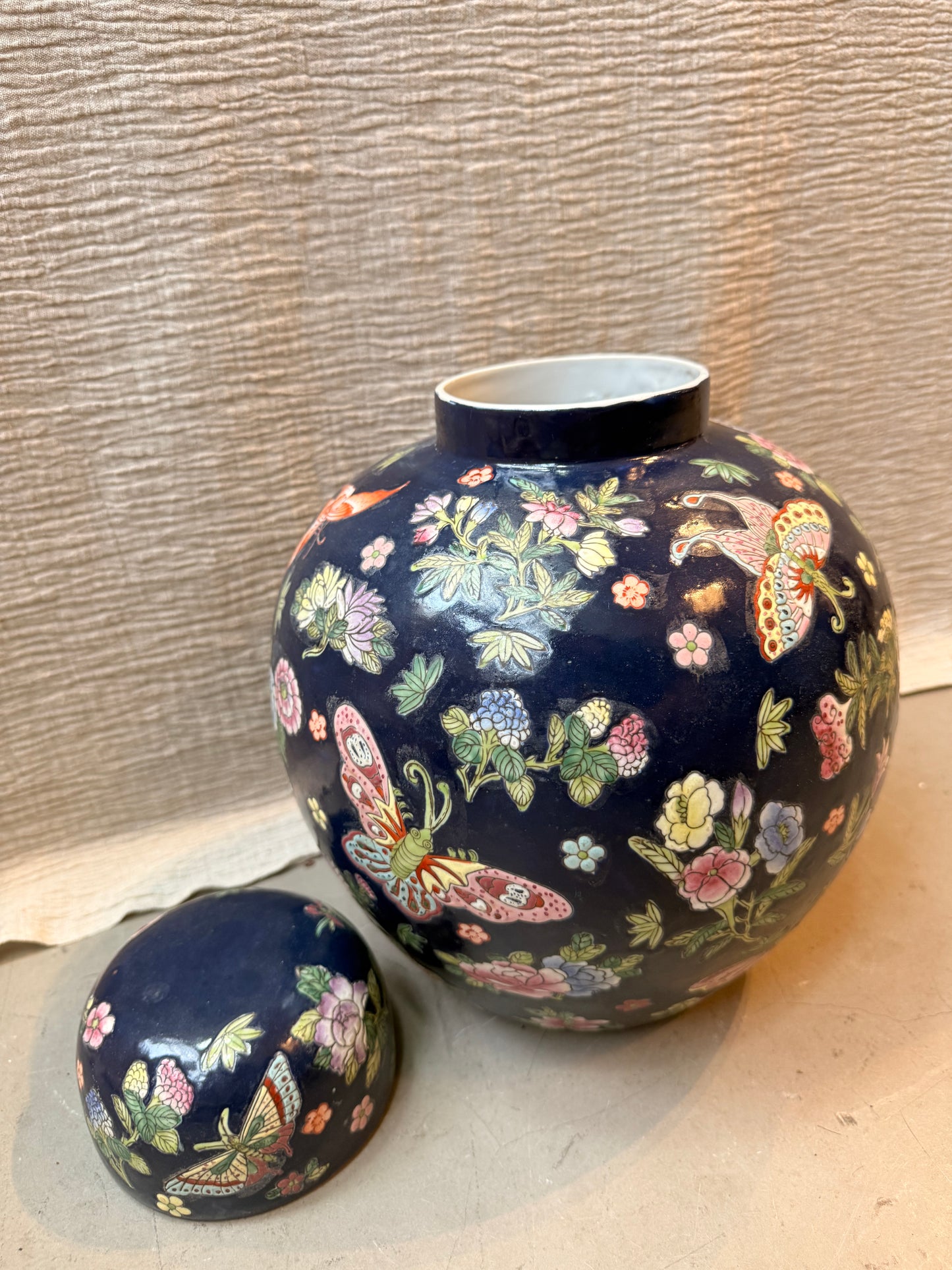 Large navy and flowers Ginger Jar