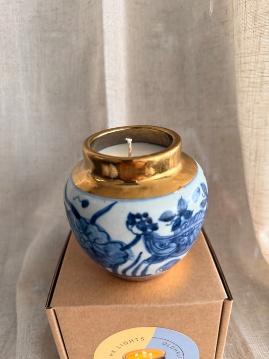 Blue white and gold small jar candle