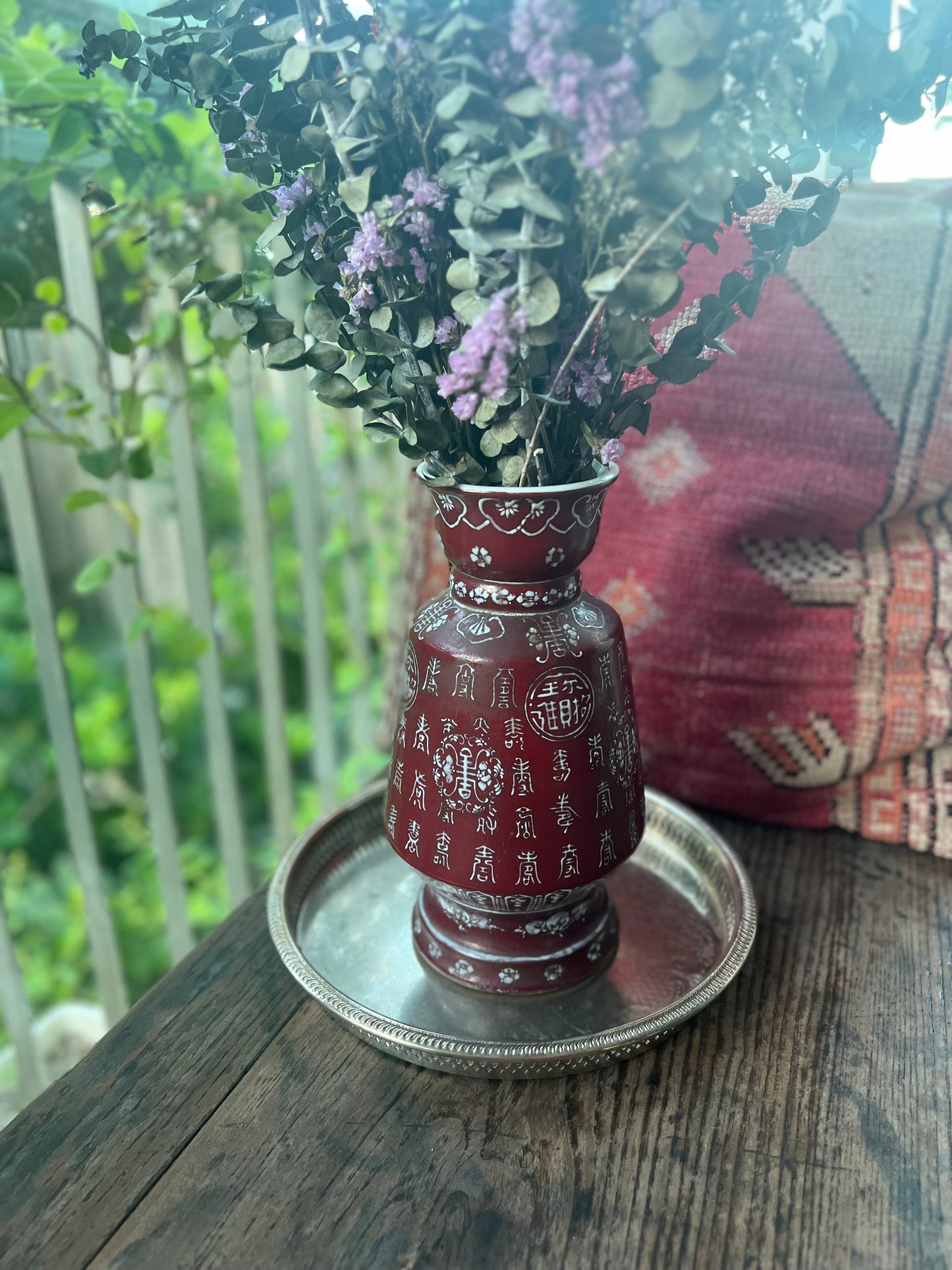 Burgundy Chinese characters 30cm vintage vase