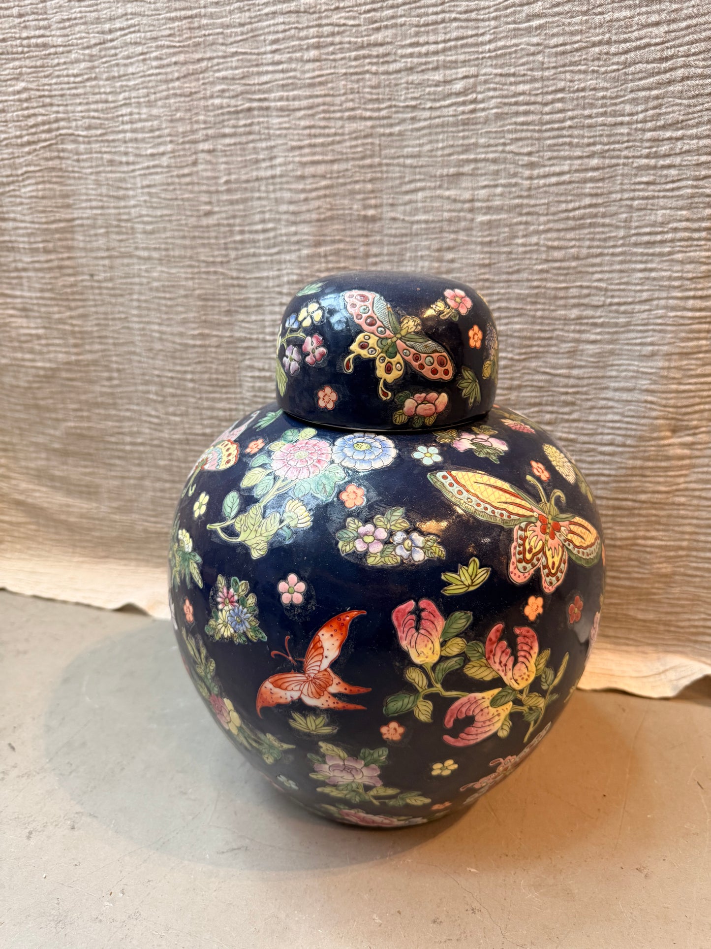 Large navy and flowers Ginger Jar