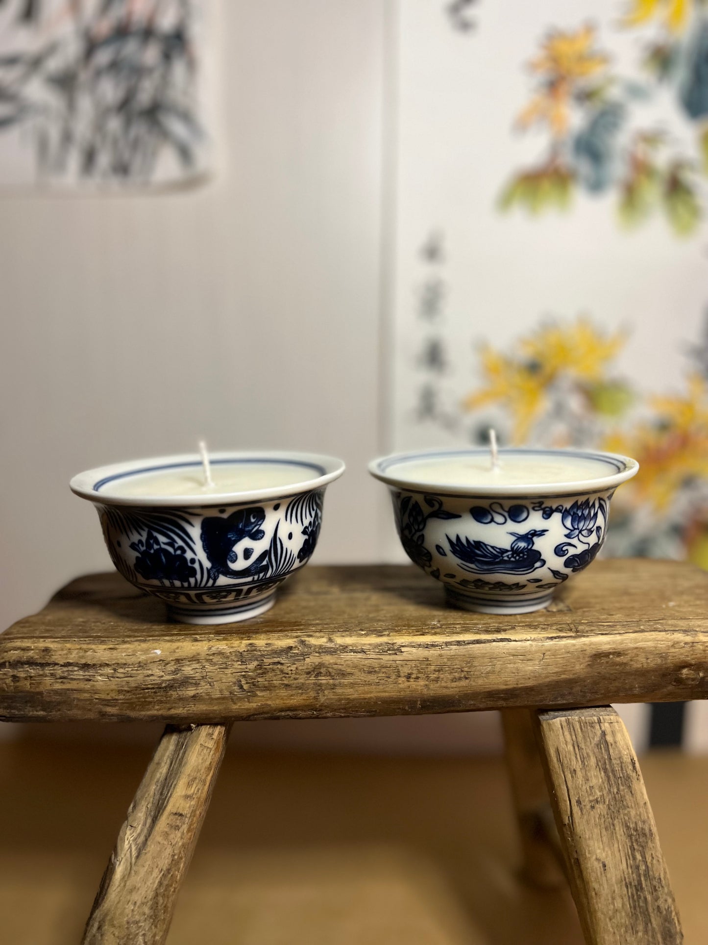 Set of 2 blue and white tea bowl candles