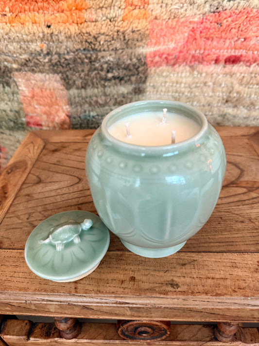 Celadon turtle tea jar 3 wicks Candle