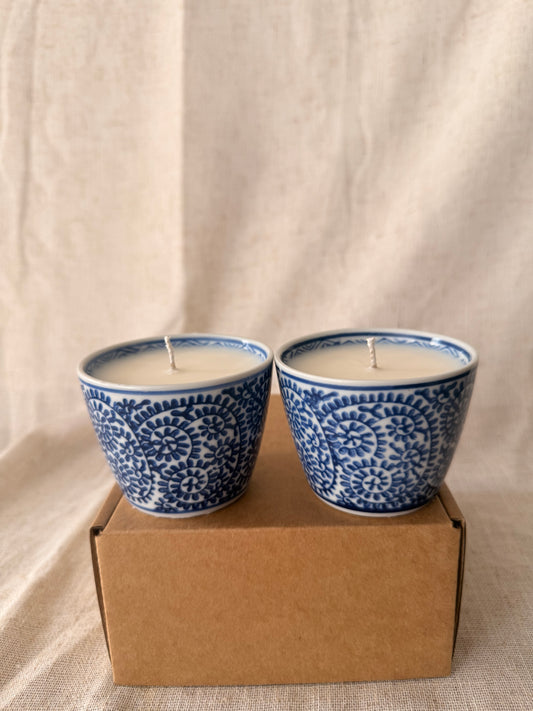 Pair of blue floral ceramic teacup Candles