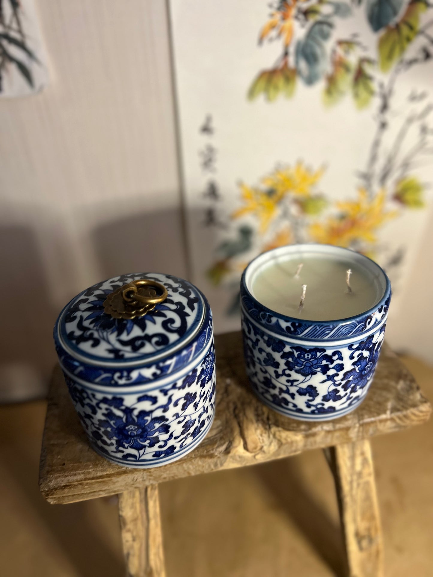 Pair blue small ceramic box candles