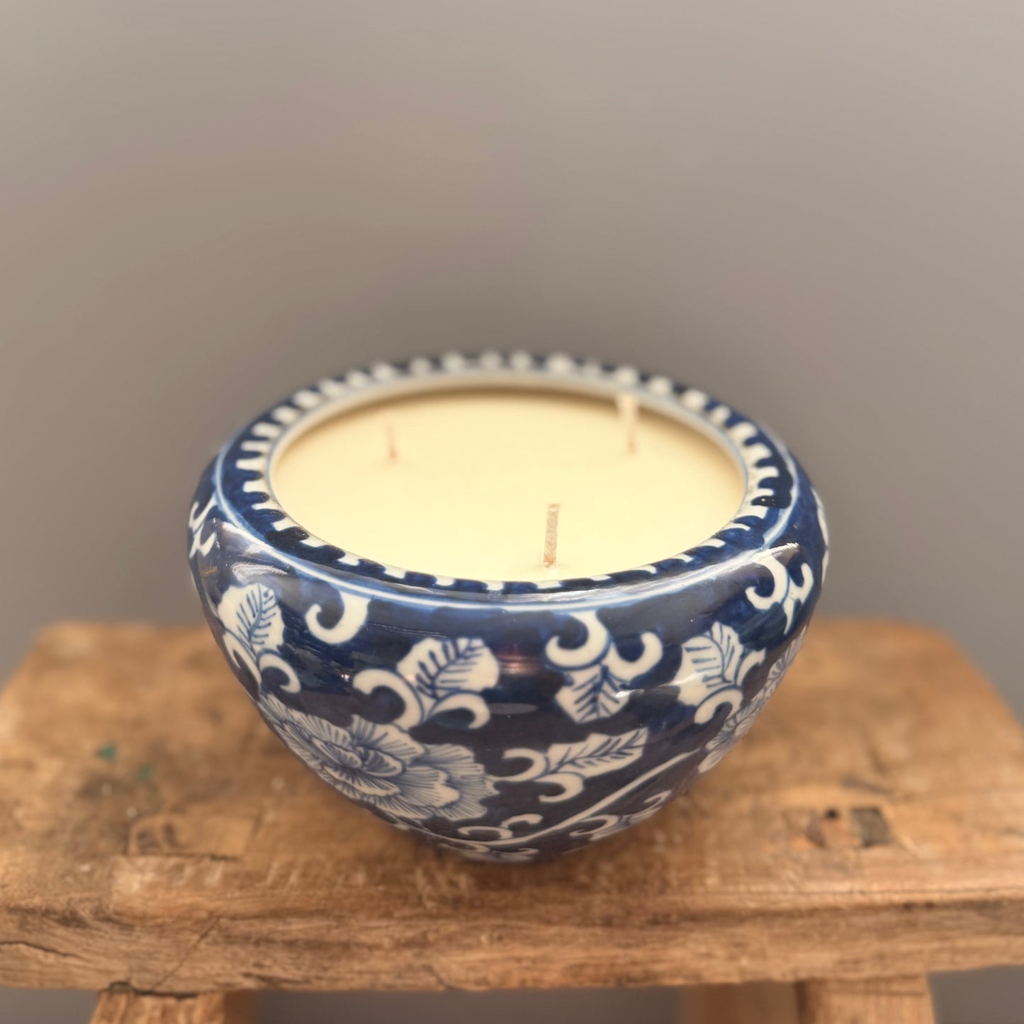 Blue and white floral vintage ceramic 3 wicks candle
