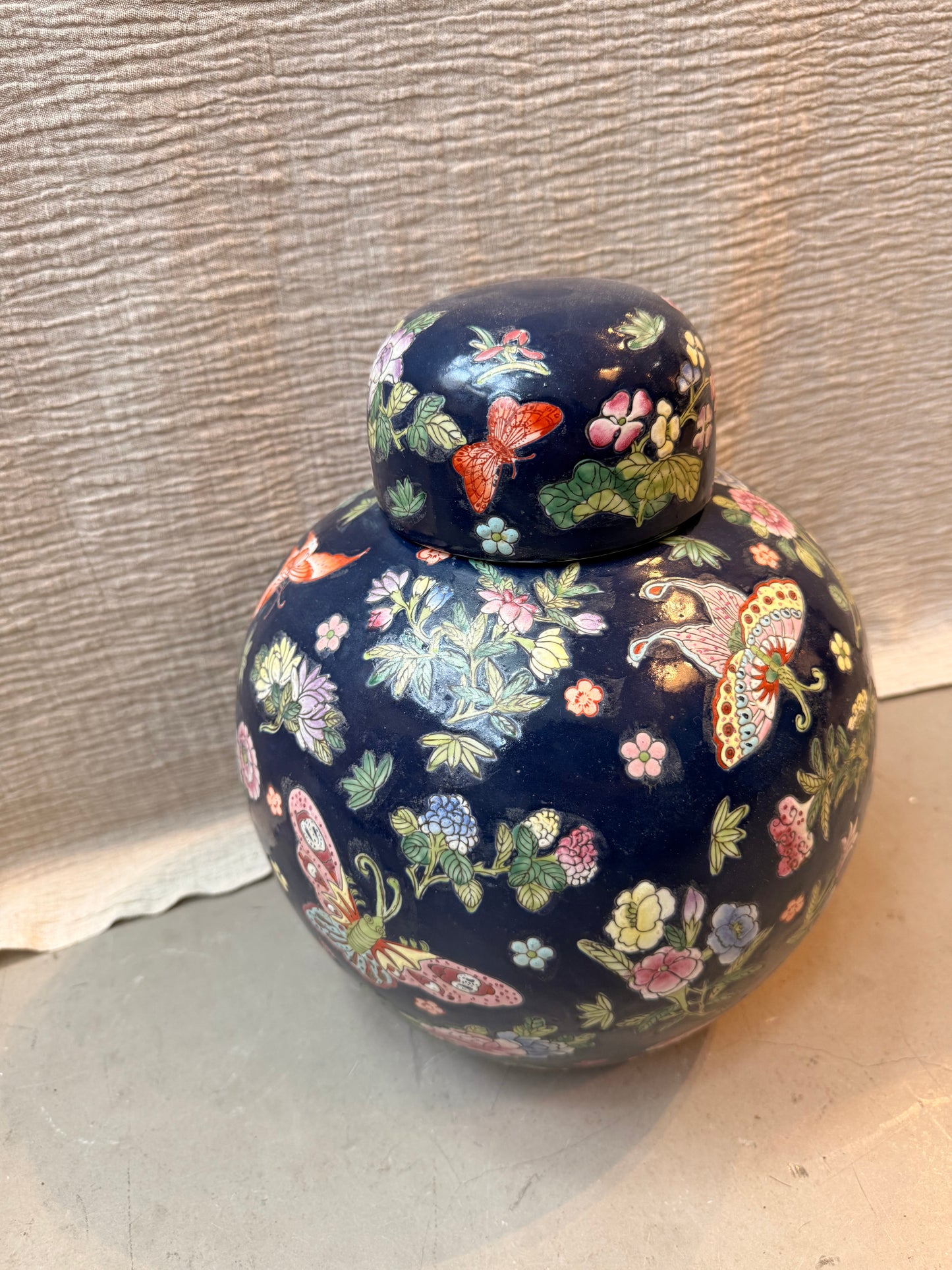 Large navy and flowers Ginger Jar
