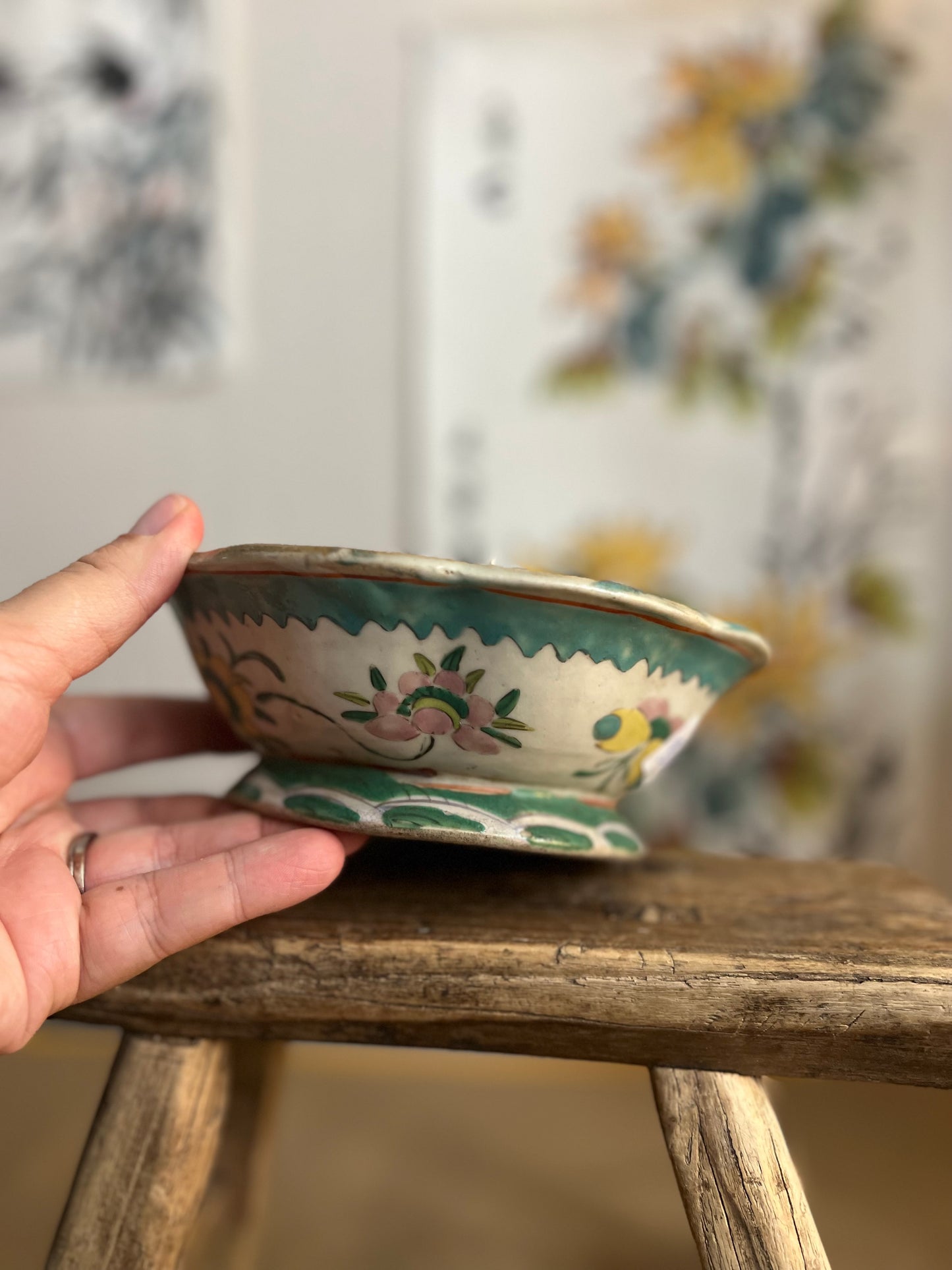 Antique hand-painted bowl 4 wicks Candle