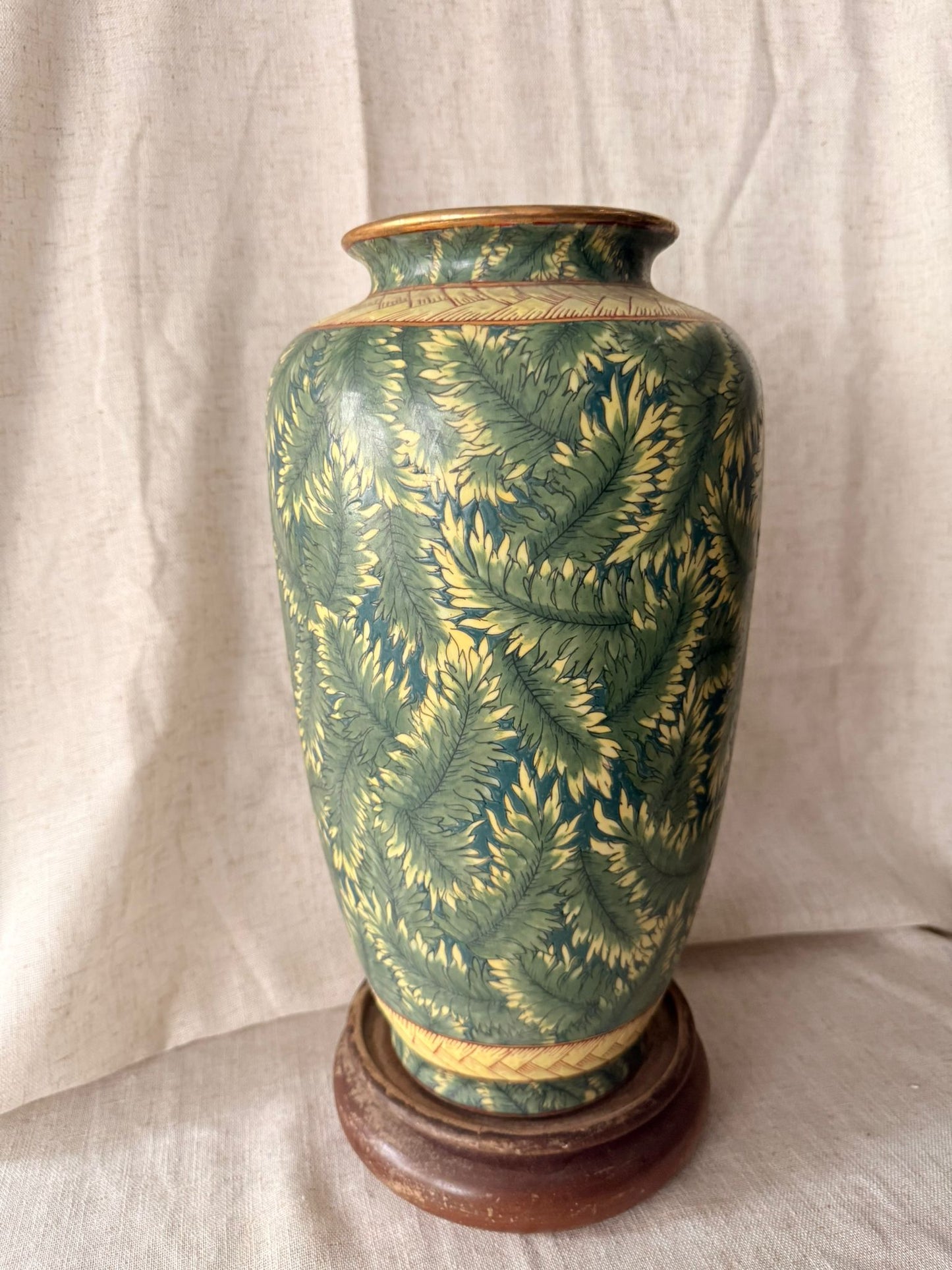 Green hand painted leafy tall Vase